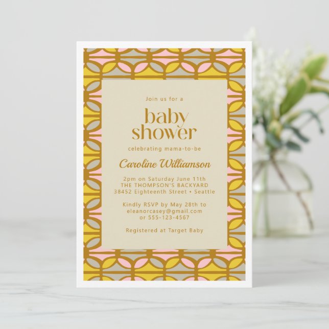 Retro Pink Yellow Geometric Baby Shower Invitation (Standing Front)