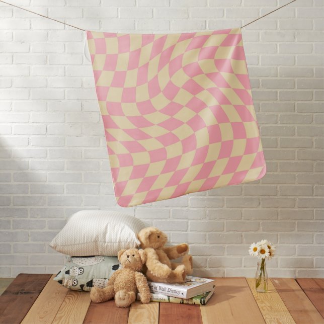 Retro Pink Yellow Pastel Warped Checkerboard   Baby Blanket (In Situ)
