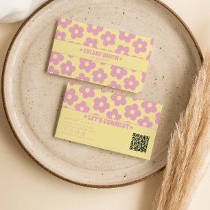 Retro Pink Yellow QR Code Groovy Floral Girly 70s Business Card