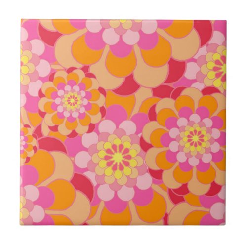 Retro Pink Yellow Tones Floral Pattern Tile