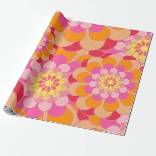Retro Pink Yellow Tones Floral Pattern Wrapping Paper