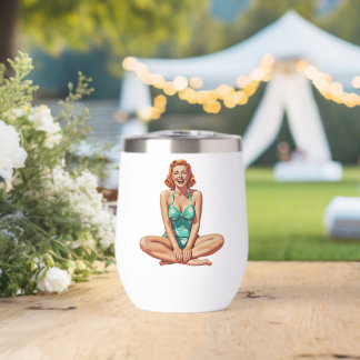 Retro PinUp 1950s Girl in Floral Swimsuit Thermal Wine Tumbler
