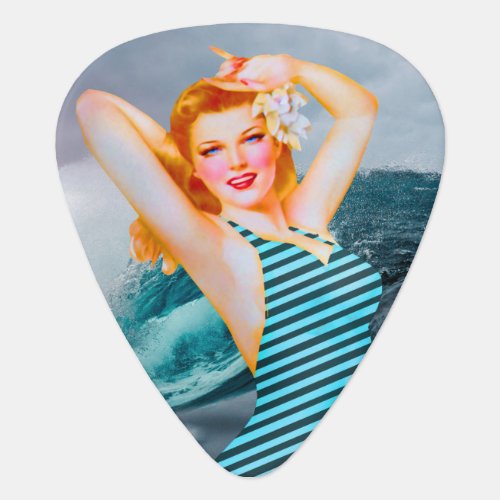 Retro Pinup Beach Babe Tropical Wave Hawaii Surf Guitar Pick