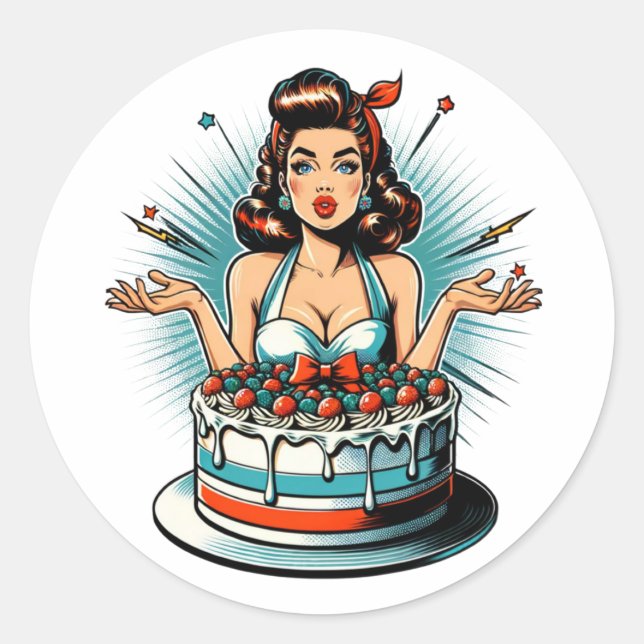 Retro Pinup Birthday Woman and Cake Classic Round Sticker (Front)