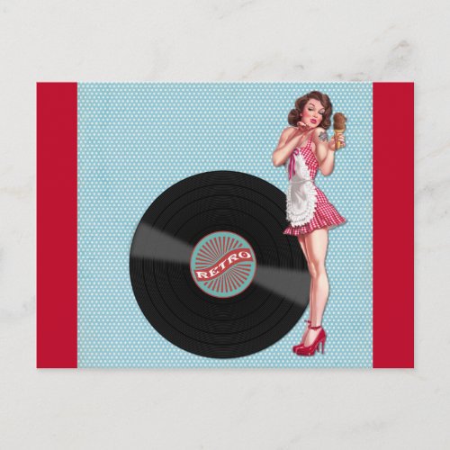 Retro Pinup Girl and a Vinyl Record Postcard