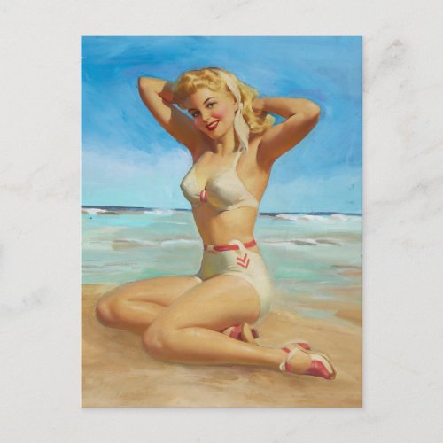 Retro pinup girl at the beach postcard