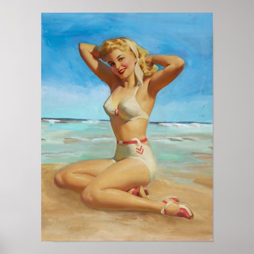 Retro pinup girl at the beach poster