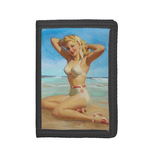 Retro pinup girl at the beach trifold wallet