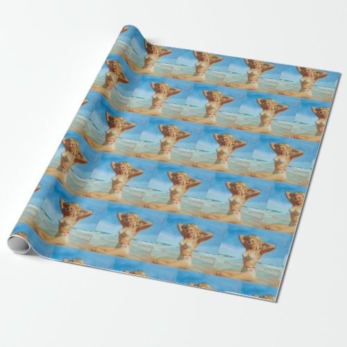 Retro pinup girl at the beach wrapping paper