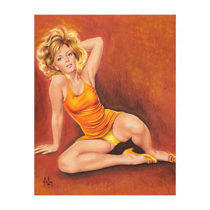 Retro pinup girl in orange canvas print | Zazzle