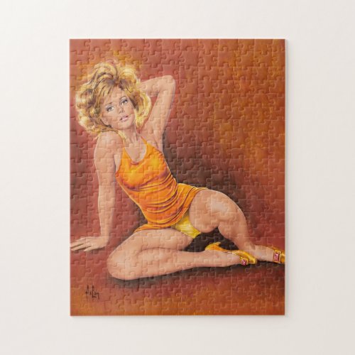 Retro pinup girl in orange jigsaw puzzle