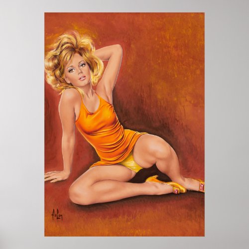 Retro pinup girl in orange poster