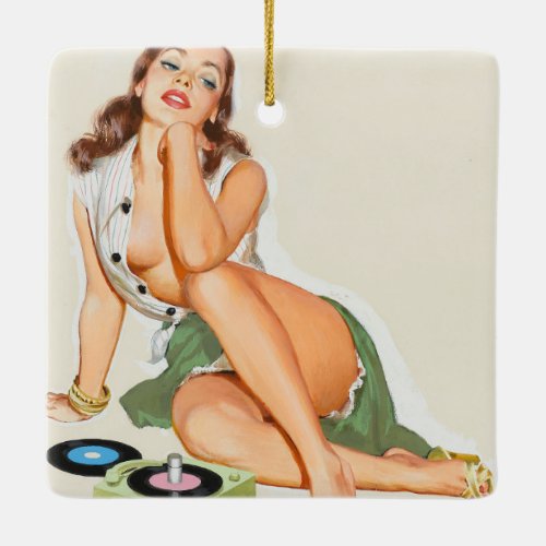 Retro pinup girl listening to music ceramic ornament