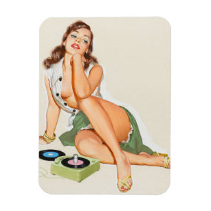 Retro pinup girl listening to music magnet