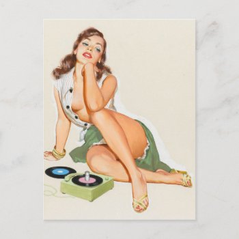 Retro Pinup Girl Listening To Music Postcard by VintageBox at Zazzle
