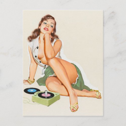 Retro pinup girl listening to music postcard