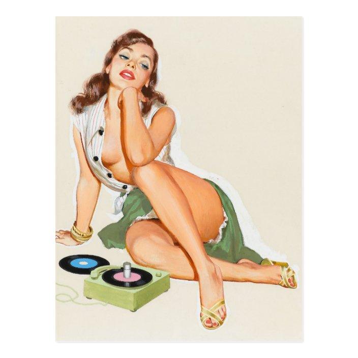 Retro Pinup Girl Listening To Music Postcard Zazzle Com Retro Pinup Girl Listening To Music Postcard Zazzle Com