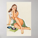 Retro Pinup Girl Listening To Music Poster at Zazzle