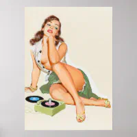 Vintage Pin-up Girl - Laying Down Listening to Music Poster for