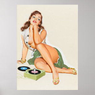 Retro pinup girl listening to music poster