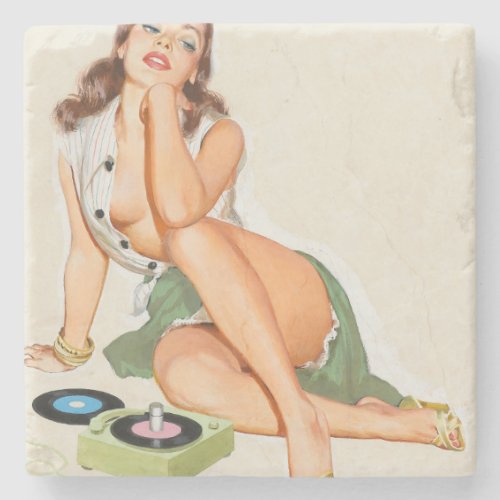 Retro pinup girl listening to music stone coaster