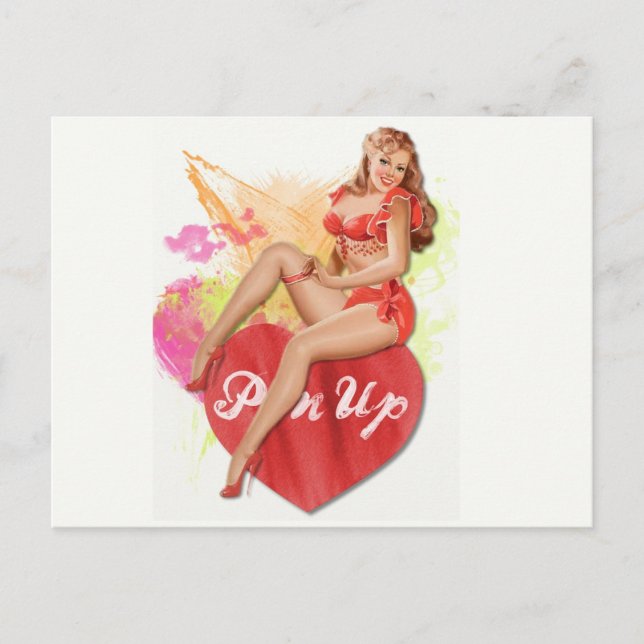 Retro Pinup Girl on a Pinup Heart Postcard (Front)