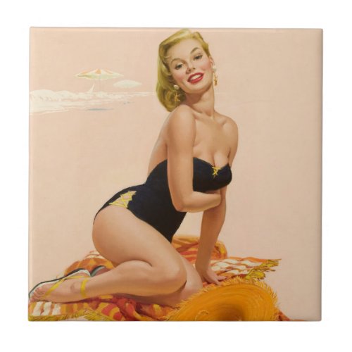 Retro pinup girl on the beach ceramic tile