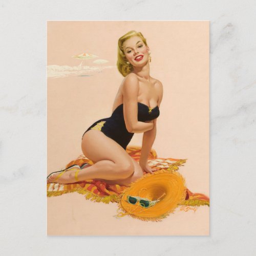 Retro pinup girl on the beach postcard