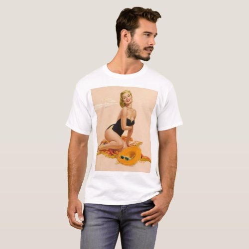 Retro pinup girl on the beach T_Shirt