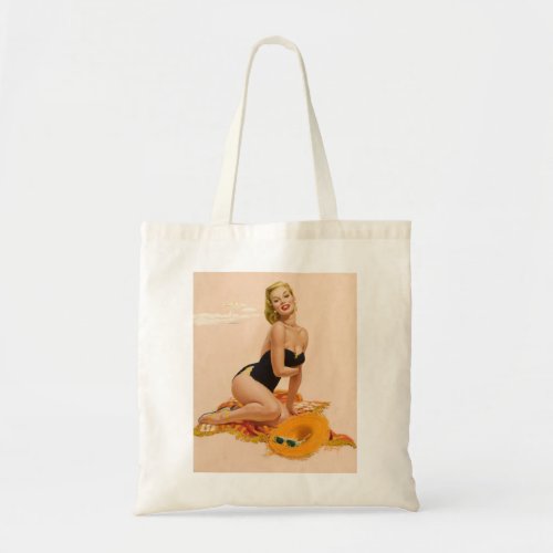 Retro pinup girl on the beach tote bag