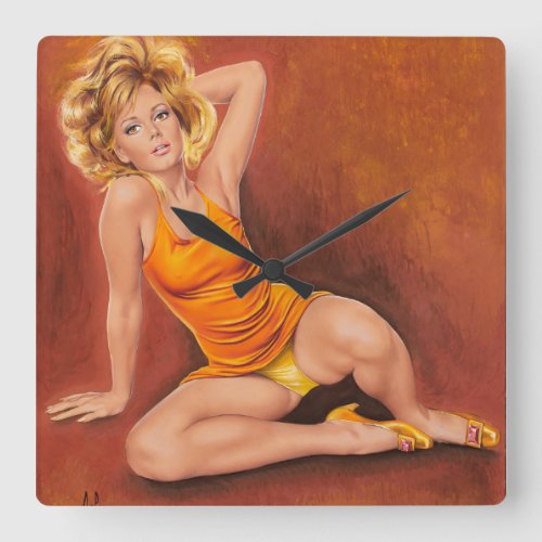 Retro pinup girl orange square wall clock