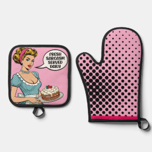 Retro Pinup_ Served Daily Oven Mitt & Pot Holder Set