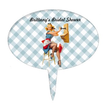Retro Pinup Telephone Gingham Vintage Blue Red Cake Topper by HydrangeaBlue at Zazzle