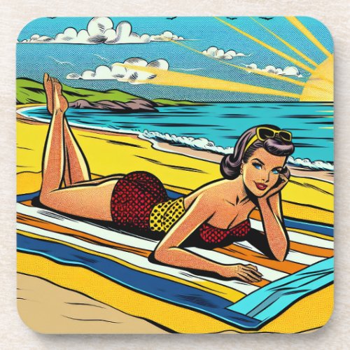 Retro Pinup Woman at the Beach Beverage Coaster