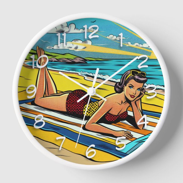 Retro Pinup Woman at the Beach Clock (Front)