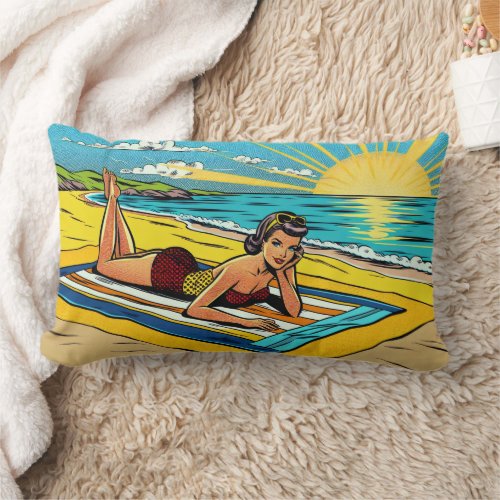 Retro Pinup Woman at the Beach Lumbar Pillow
