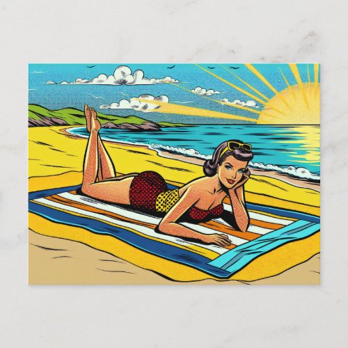 Retro Pinup Woman at the Beach Postcard