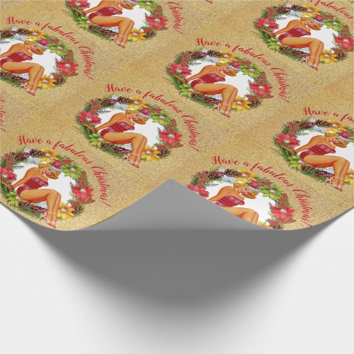 Retro Pinup Wreath Fabulous Christmas Wrapping Paper