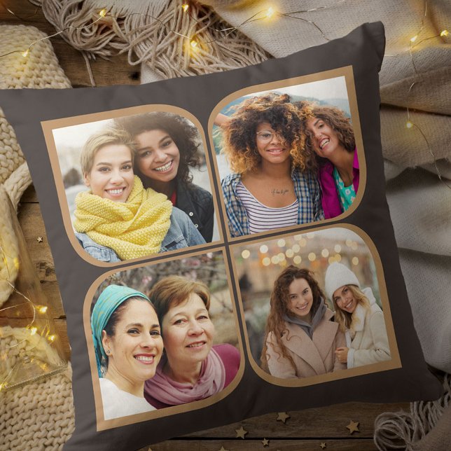 Retro Pinwheel 4 Photo Flower Petal Brown Throw Pillow (Creator Uploaded)