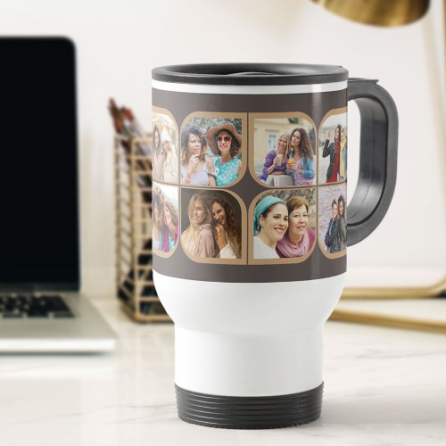 Retro Pinwheel Flower Petal 12 Photo Collage Brown Travel Mug