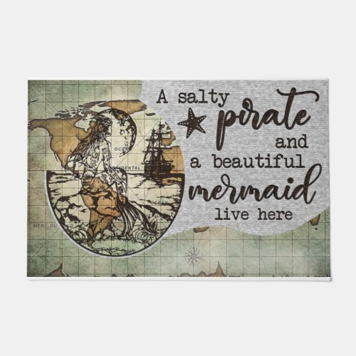 Retro Pirate And His Mermaid Doormat