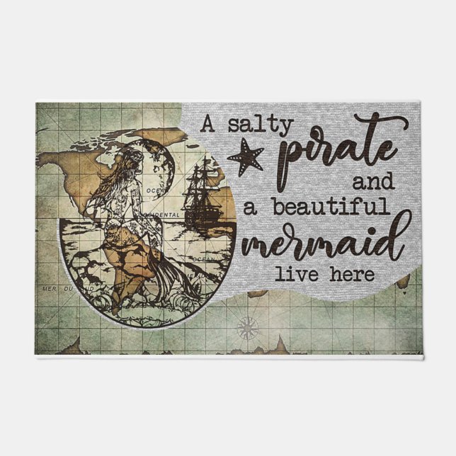 Retro Pirate And His Mermaid Doormat (Front)