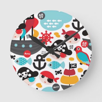 Retro Pirates Illustration Sailing Round Clock by boutiquey at Zazzle