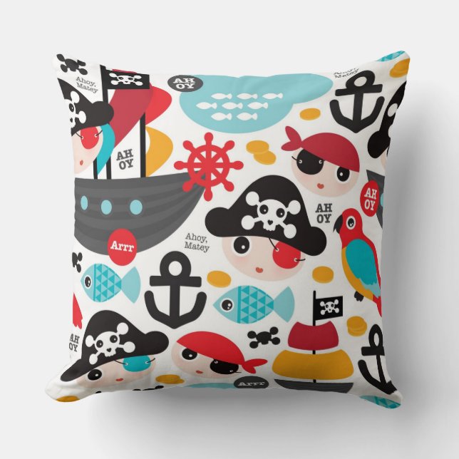 Retro pirates illustration sailing throw pillow (Front)