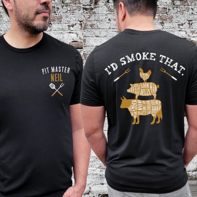 Retro Pit Master Custom Name Funny I'd Smoke That T-Shirt (I'd Smoke That Smoker Grill Gift with Pit Master Name, retro vintage cow chicken pig, grilling forks)