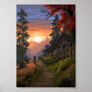 Retro Pixel Art Countryside Path Along Poster
