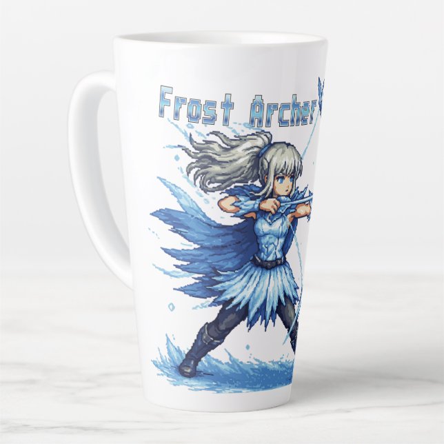 Retro Pixel Art Frost Archer Warrior Latte Mug (Left Angle)
