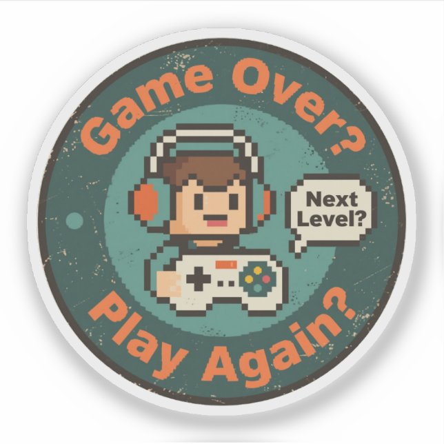 Retro Pixel Art Game Over Play Again Gamer Design Sticker (Front)
