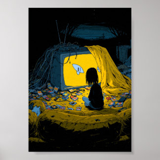 Retro Pixel Art Gamer Watching a Glowing Yellow TV Poster