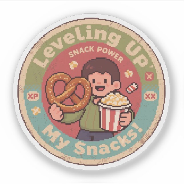 Retro Pixel Art Leveling Up My Snacks Power Design Sticker (Front)